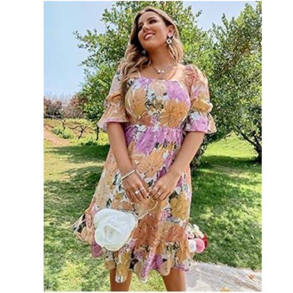 Square Neck Shirred Smocked Peach and Pink Floral Midi Dress 2XL - Picture 1 of 7